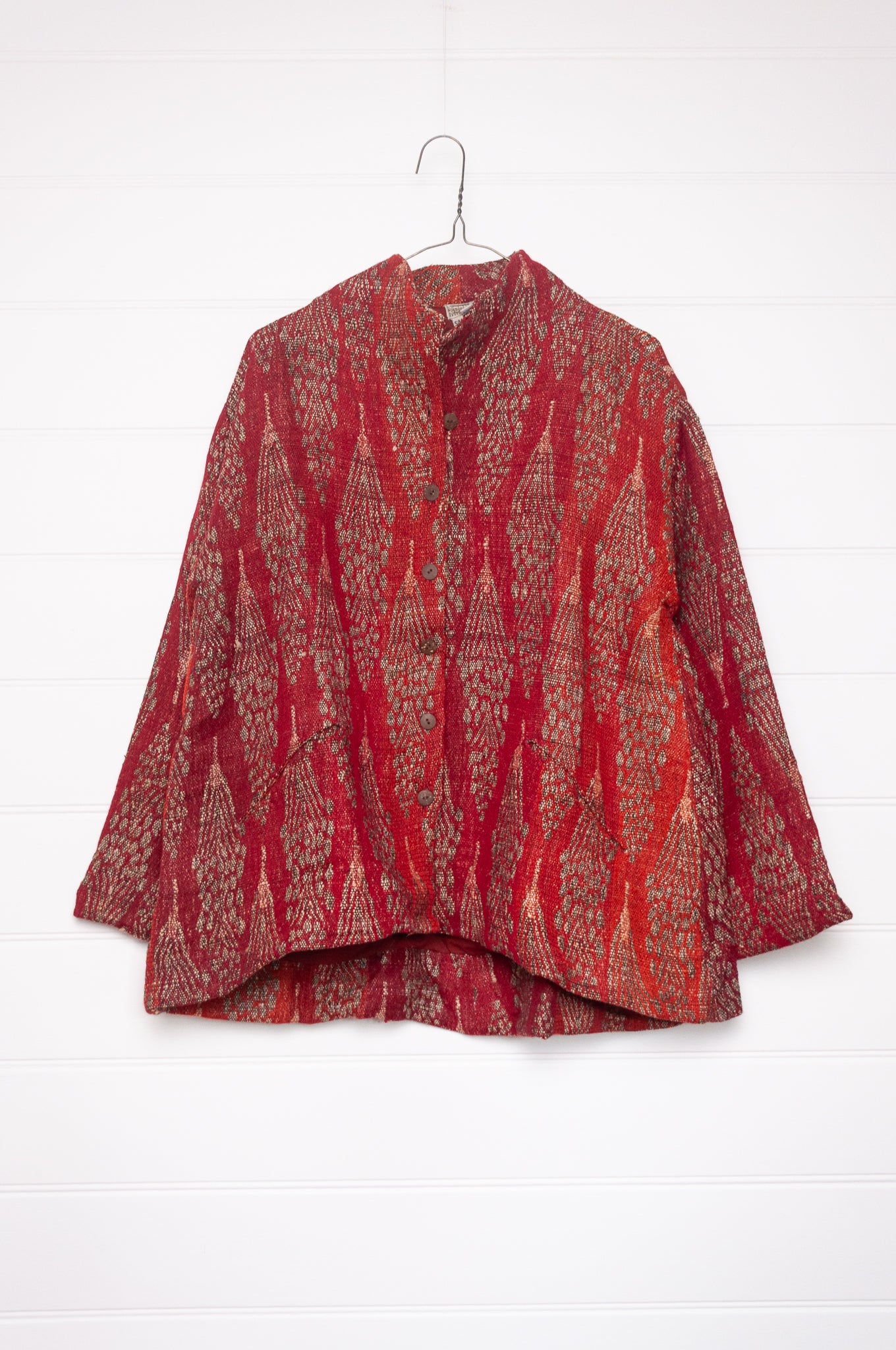 NK handwoven wool silk jacket in red and orange, cotton lined.