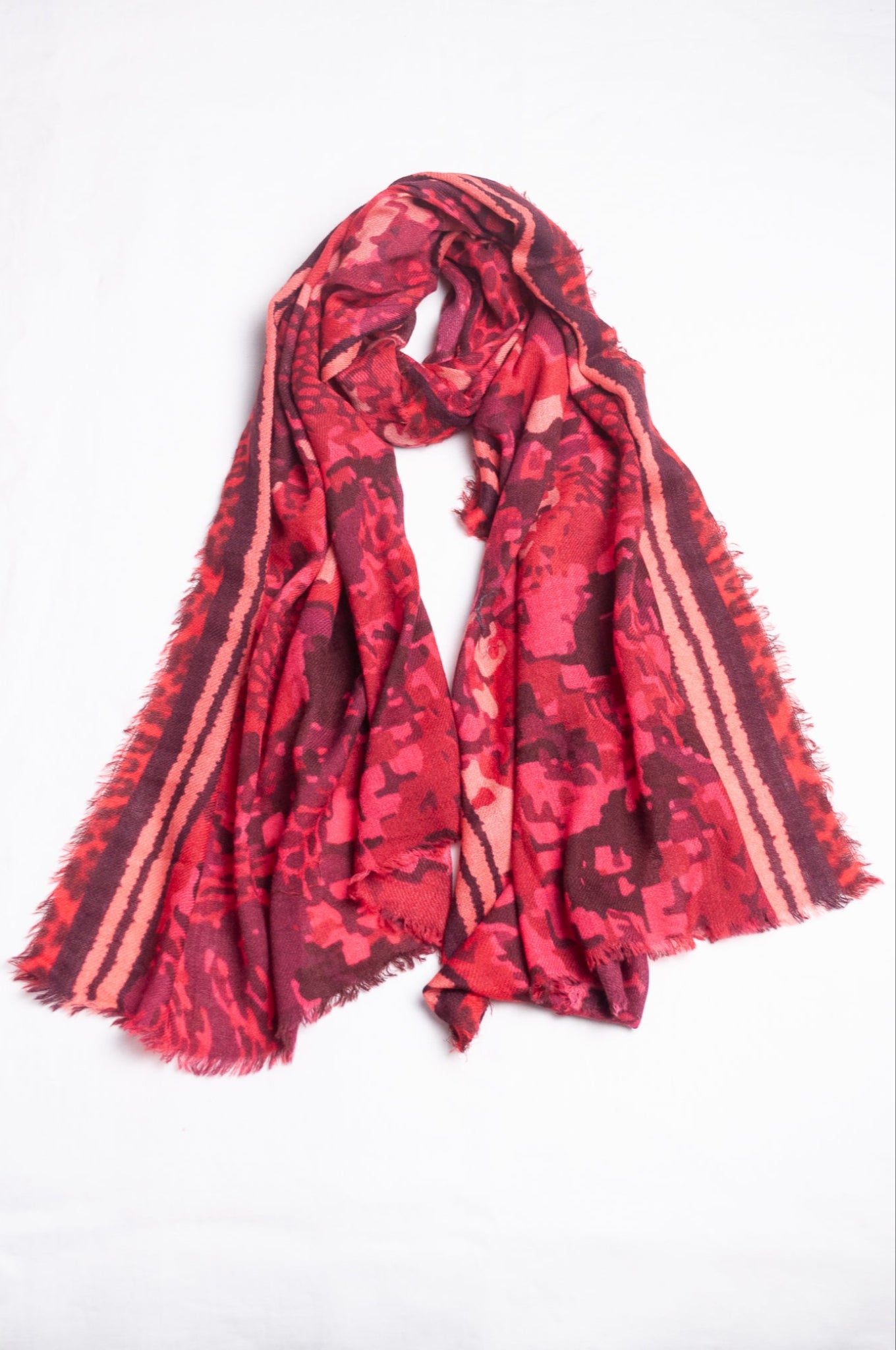 JH wool modal scarf pixeallated camouflage print in shades of red.