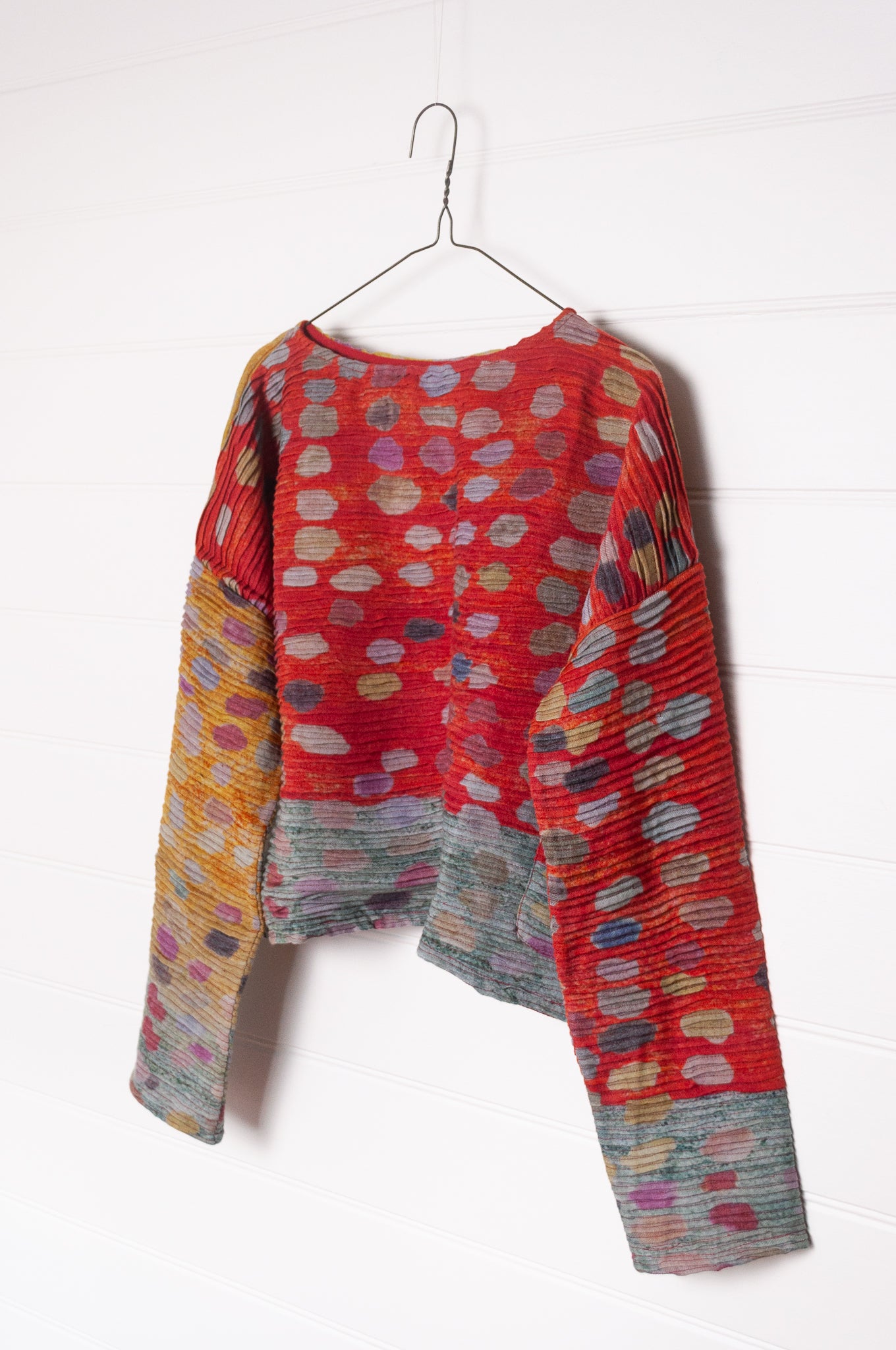 Neeru Kumar cropped pullover top digital print wool multi coloured spots.