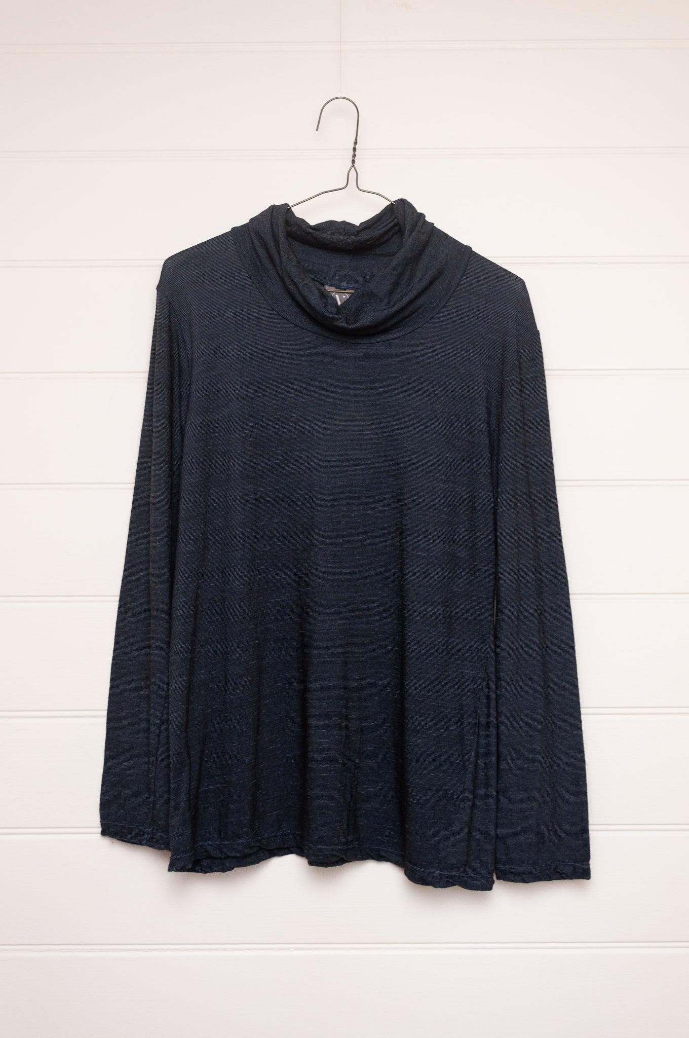 Valia merino wool knit high neck top in deep denim blue.