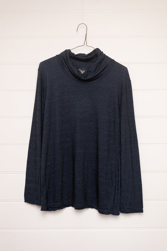Valia merino wool knit high neck top in deep denim blue.