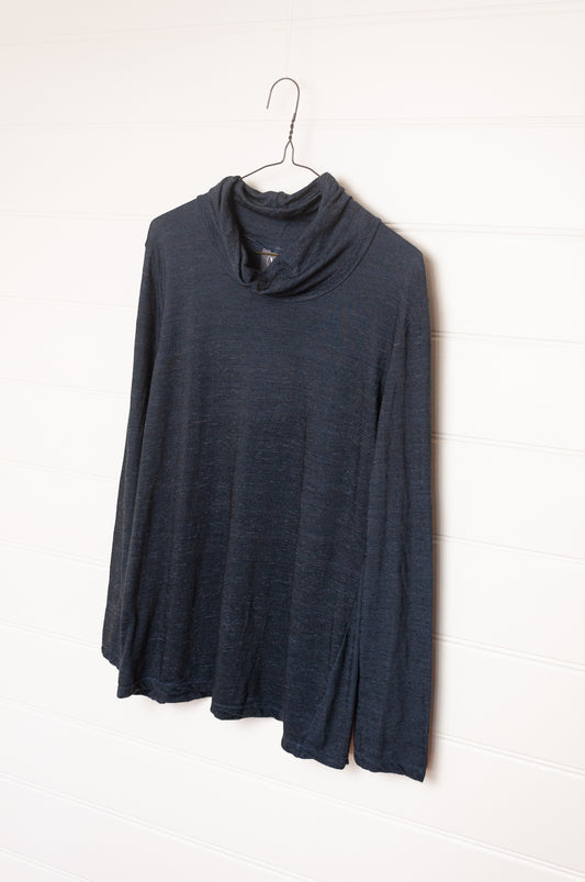Valia merino wool knit high neck top in deep denim blue.