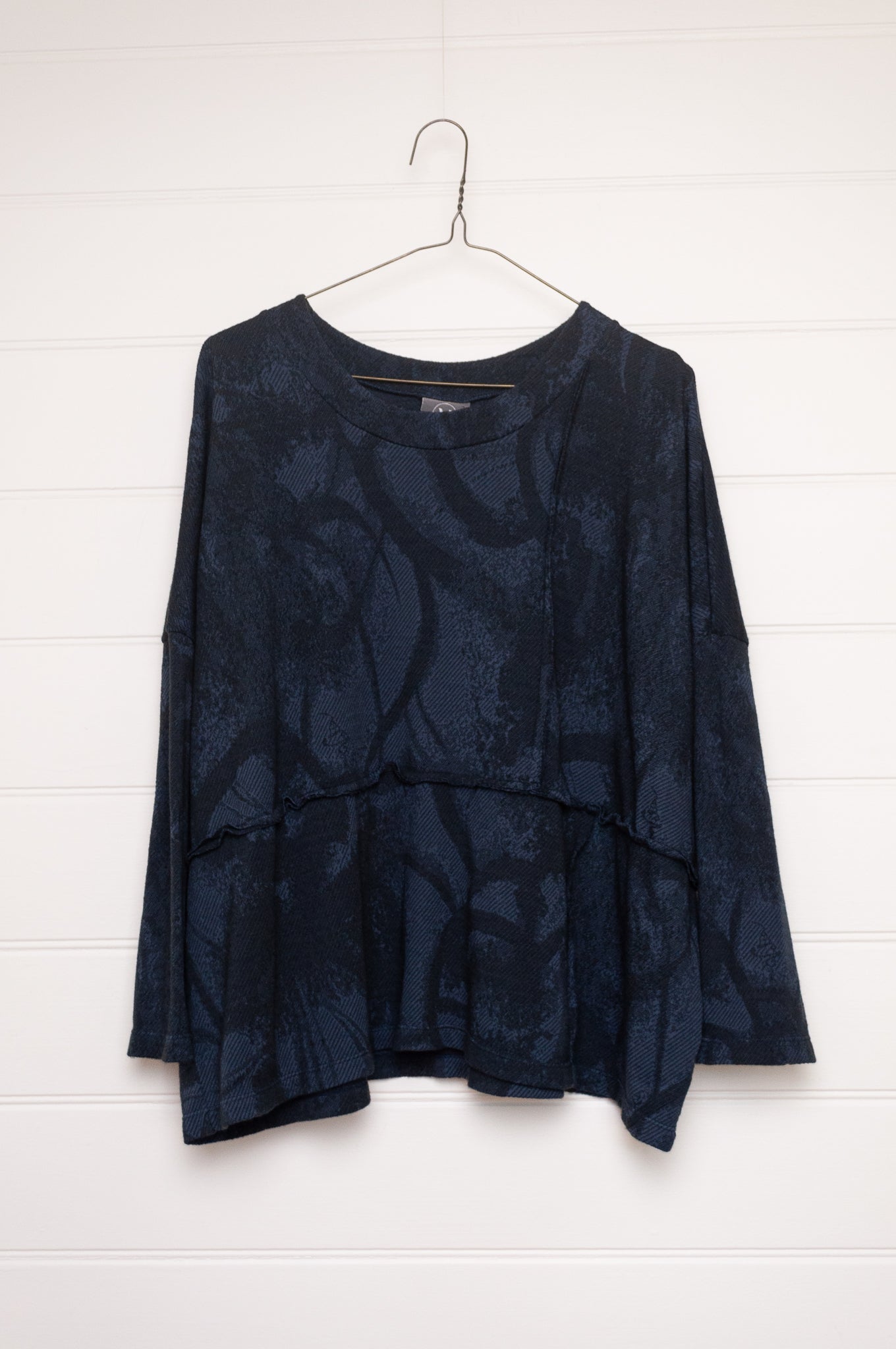 Valia merino wool jacquard knit Cameya tunic in deep denim blue.