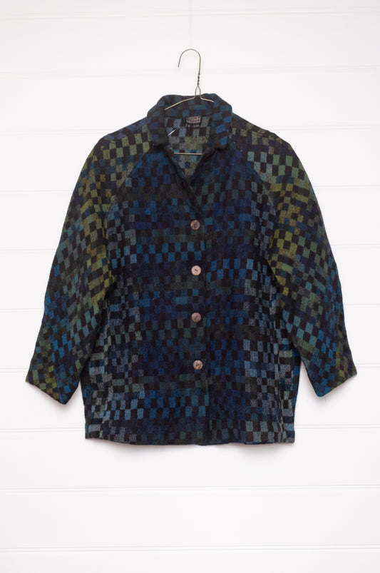 NK handwoven wool tailored button up jacket in deep blue and green checks. 