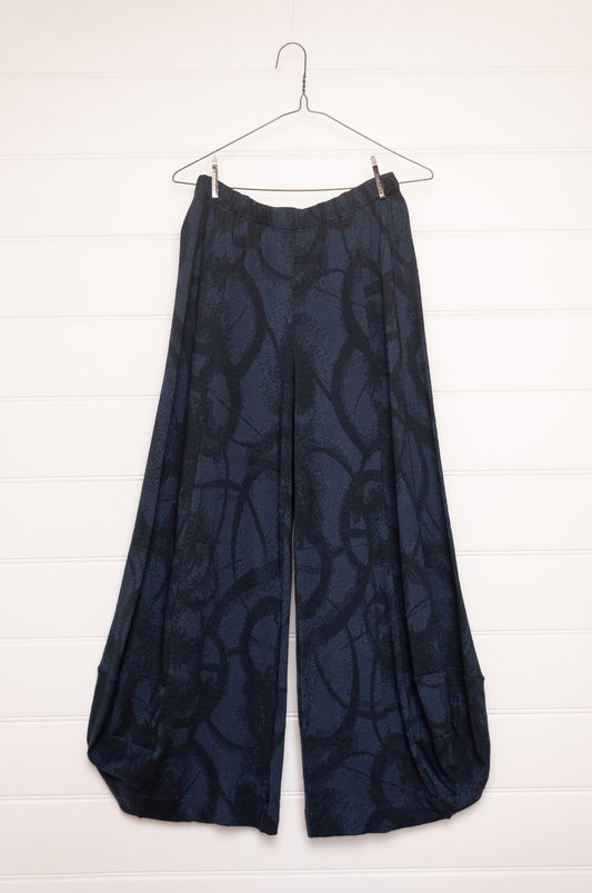 Valia merino wool jacquard knit Cameya pull on pants in deep denim blue.