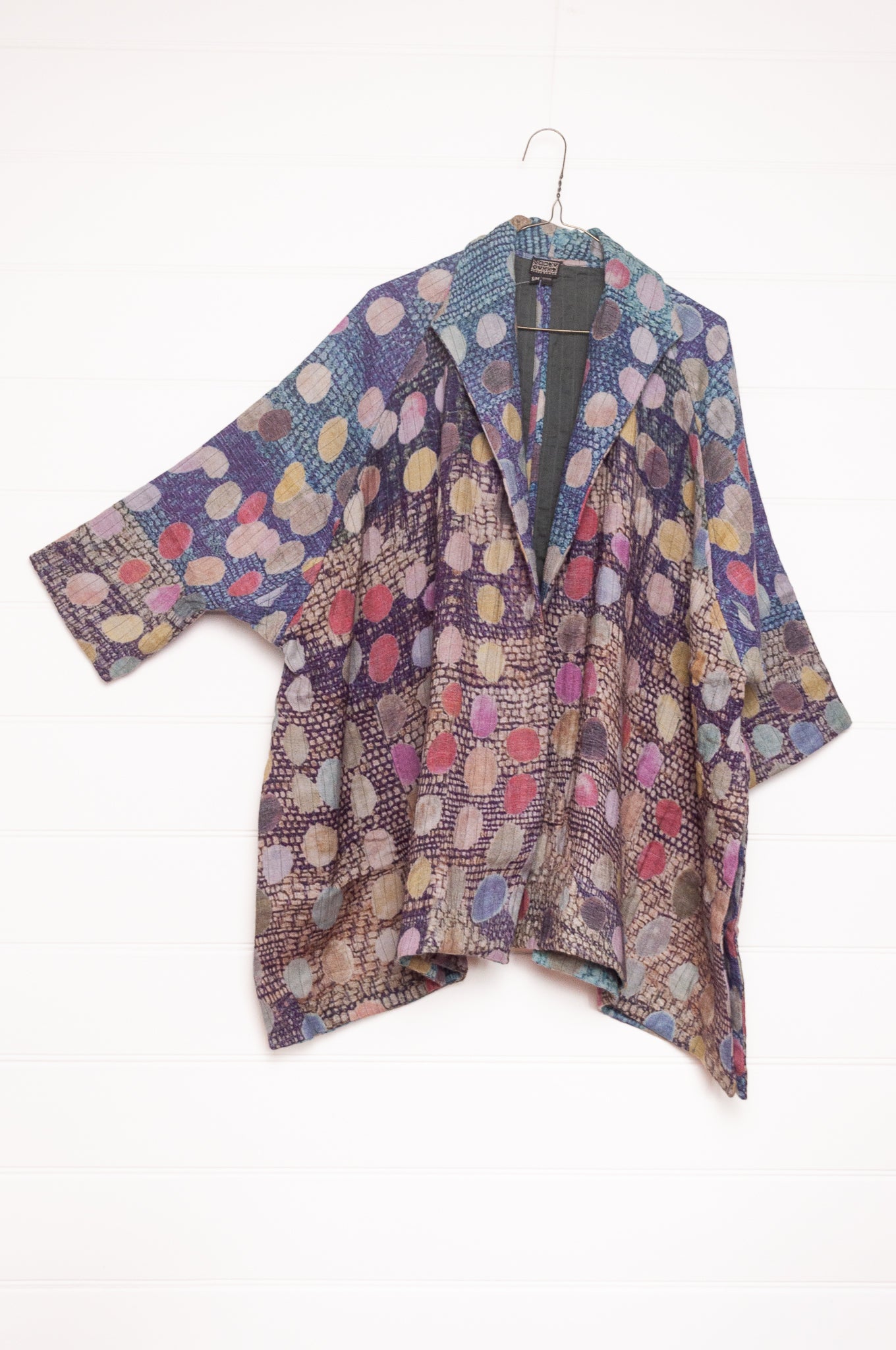 NK digitally printed fine wool cotton lined long kimono style jacket with multi coloured large spots.