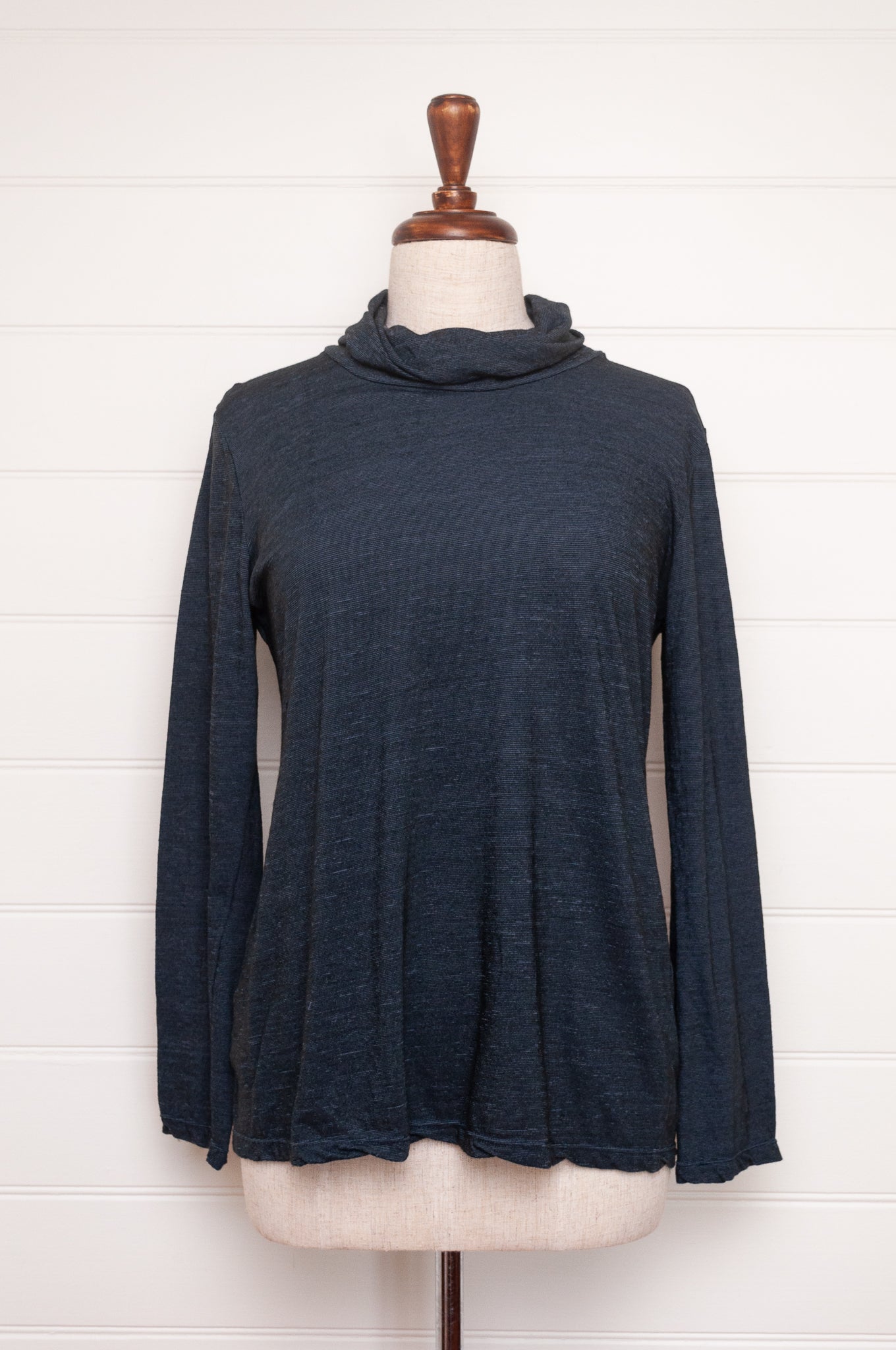 Valia merino wool knit high neck top in deep denim blue.