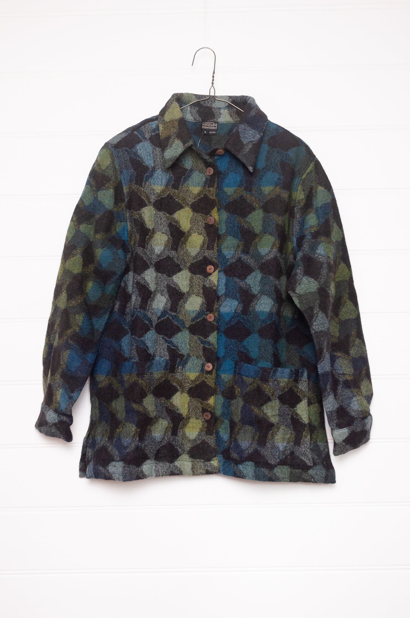 NK handwoven wool button up shirt jacket shacket in deep blue and green. 