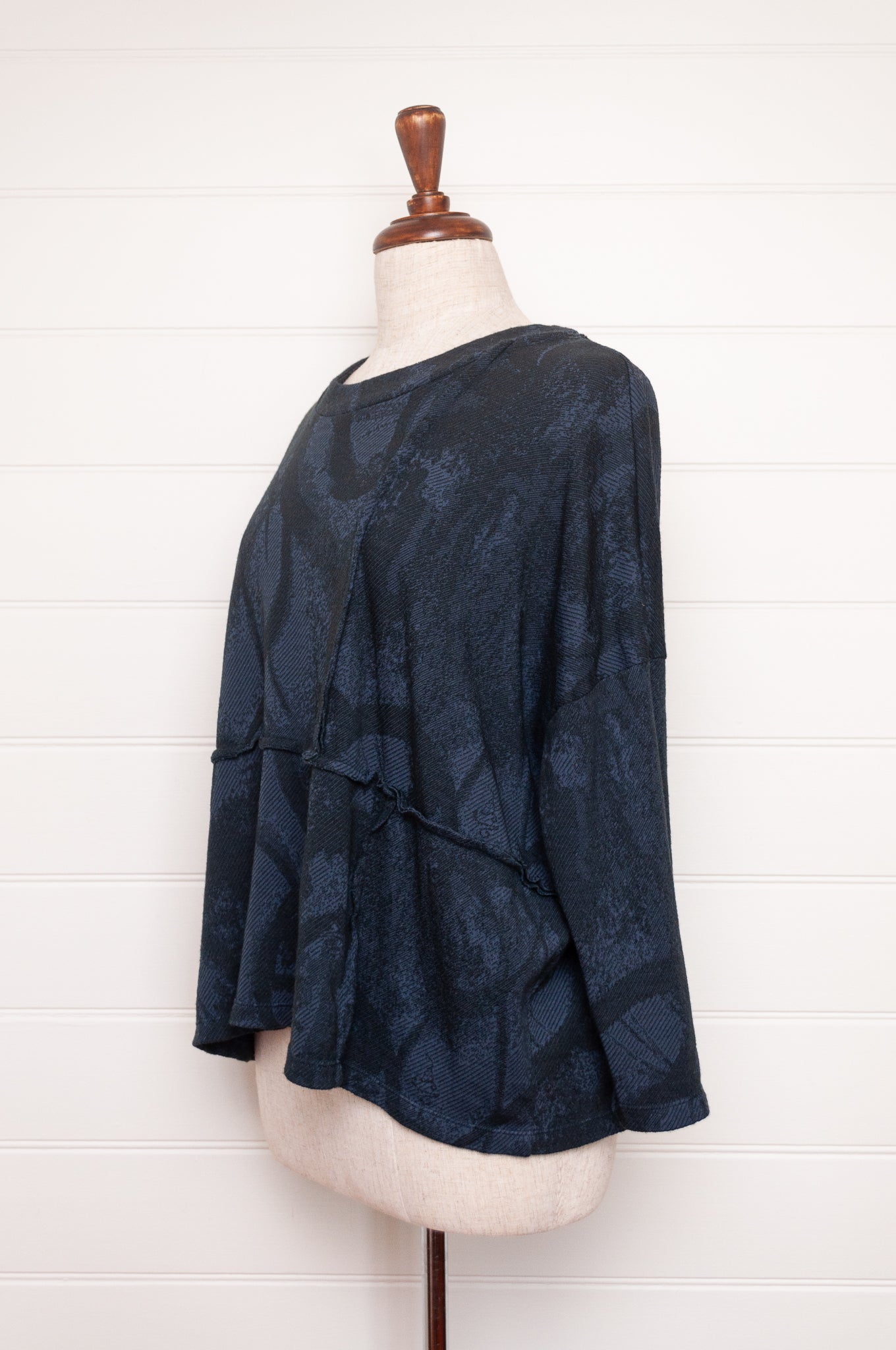 Valia merino wool jacquard knit Cameya tunic in deep denim blue.