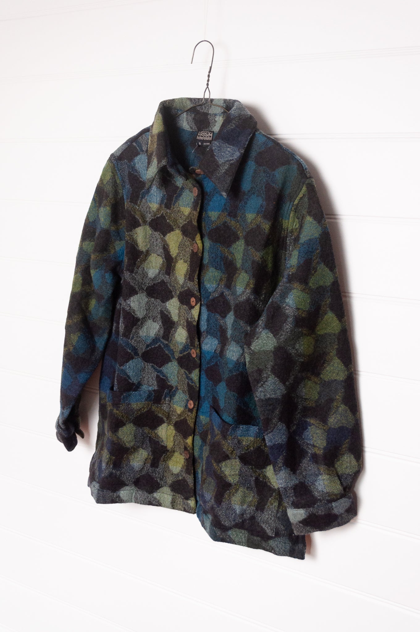 NK handwoven wool button up shirt jacket shacket in deep blue and green. 