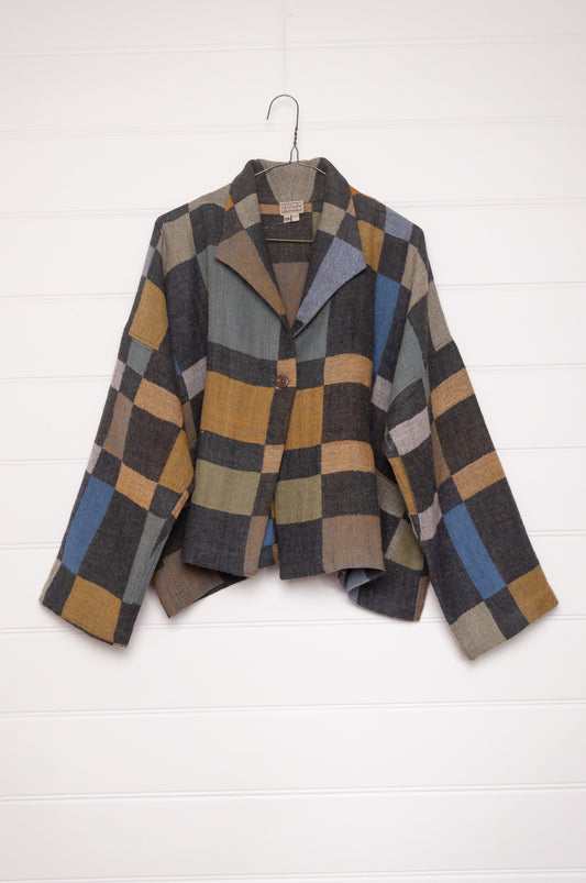 NK Coco handwoven wool jacket in charcoal and cool winter shades blanket checks. 