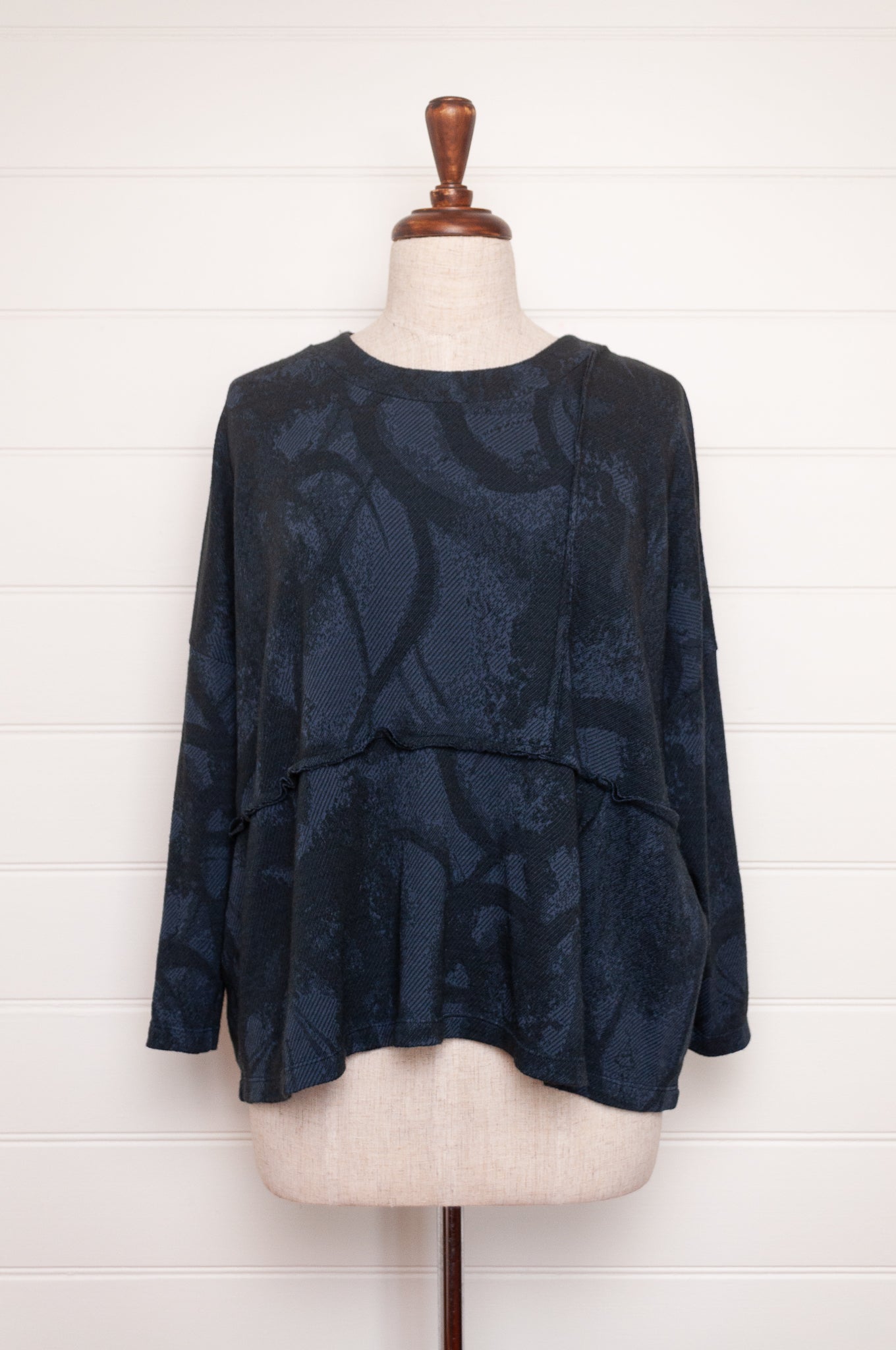 Valia merino wool jacquard knit Cameya tunic in deep denim blue.