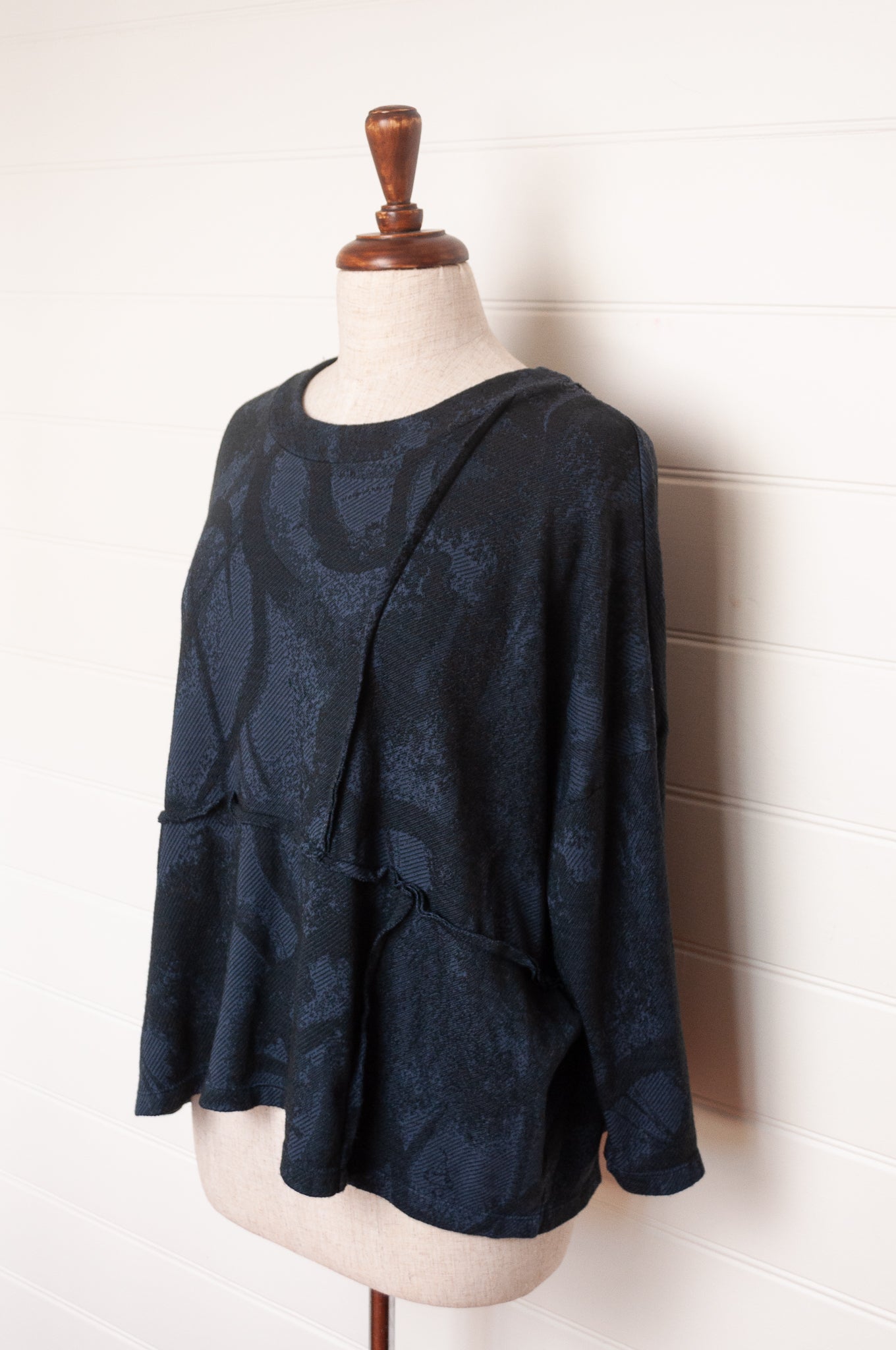 Valia merino wool jacquard knit Cameya tunic in deep denim blue.