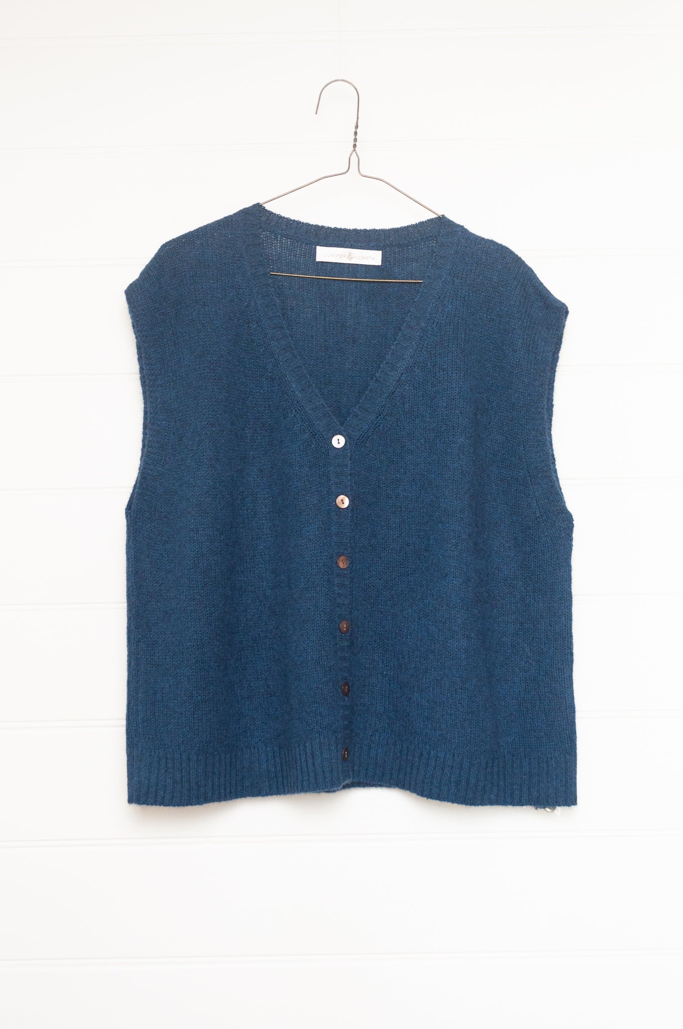 Baby yak wool light denim blue wool knitted button up V-neck vest.