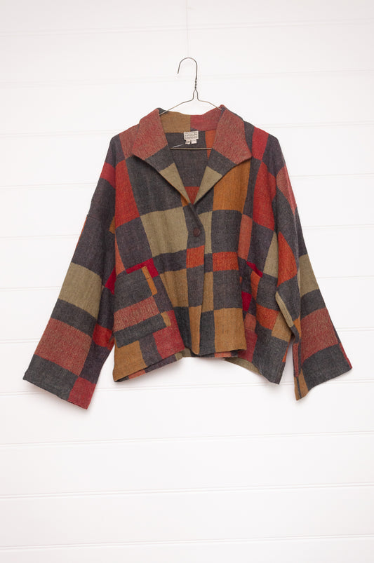 NK Coco handwoven wool jacket in charcoal and autumn shade blanket checks. 