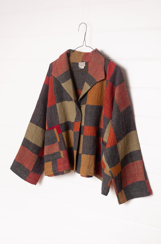 NK Coco handwoven wool jacket in charcoal and autumn shade blanket checks.
