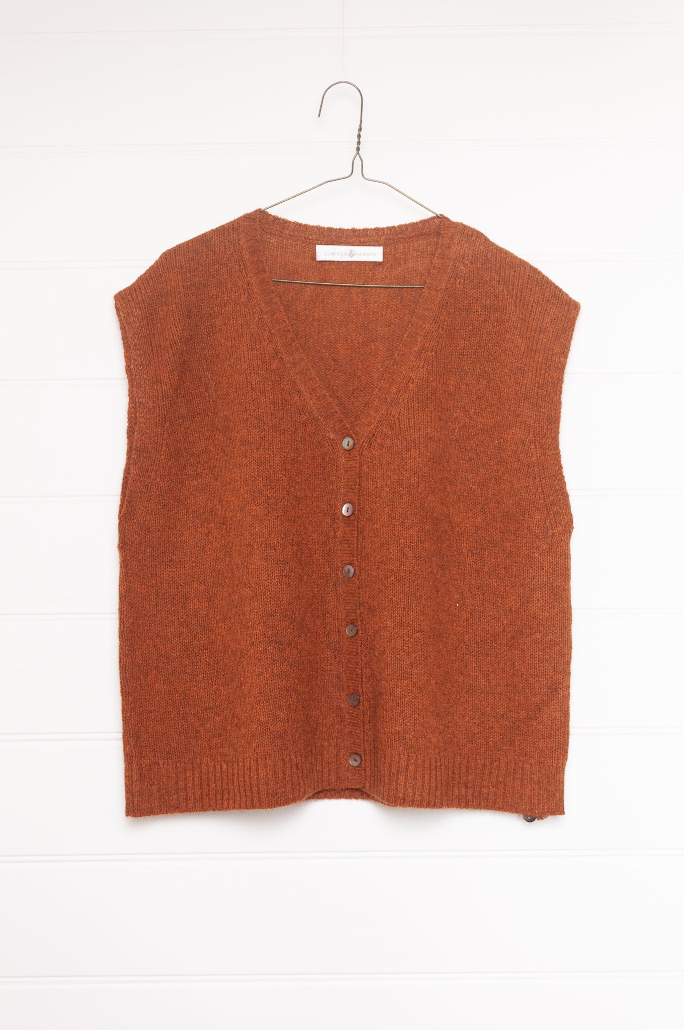 Baby yak wool light rust brown wool knitted button up V-neck vest.