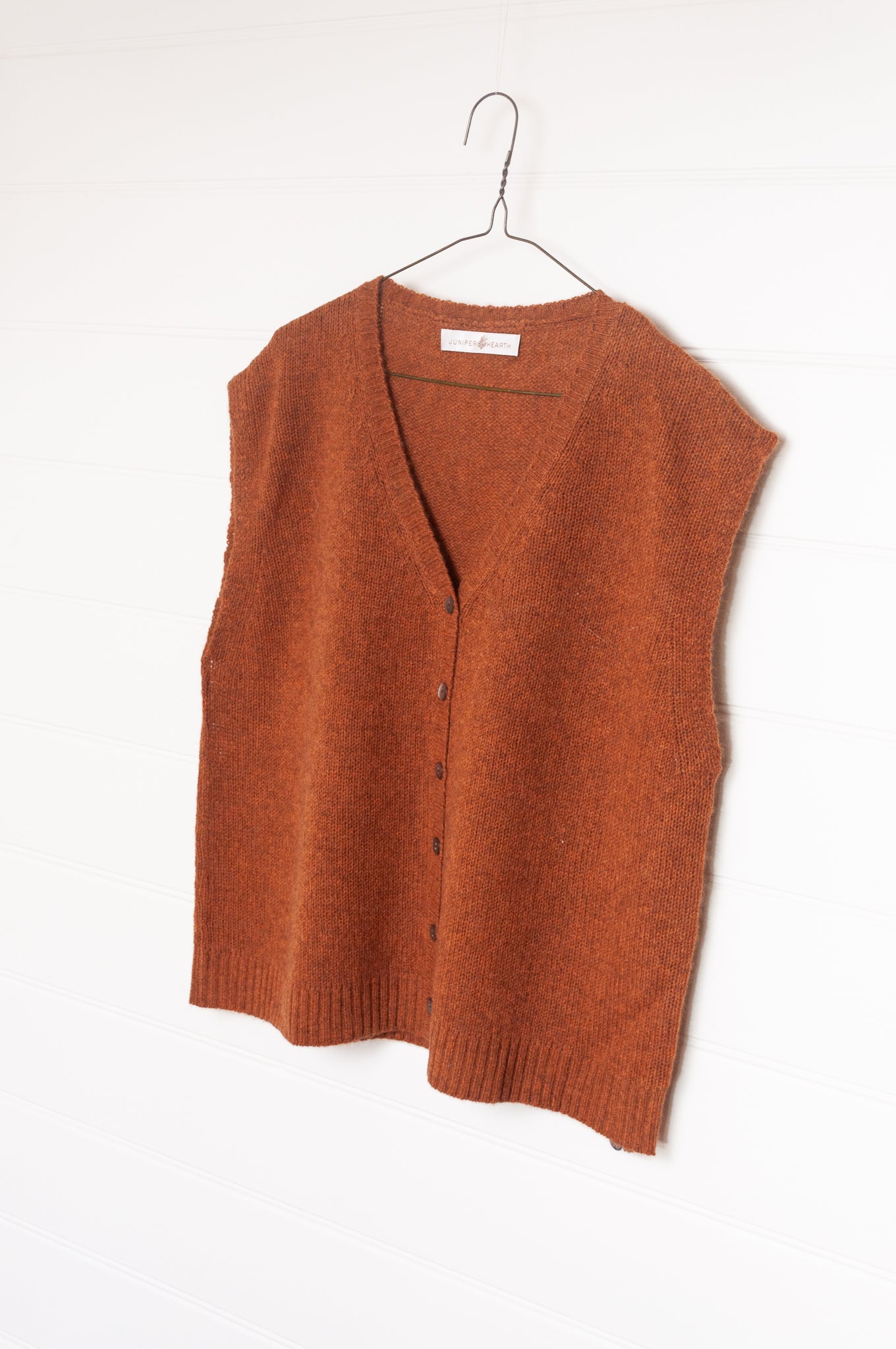 Baby yak wool light rust brown wool knitted button up V-neck vest.