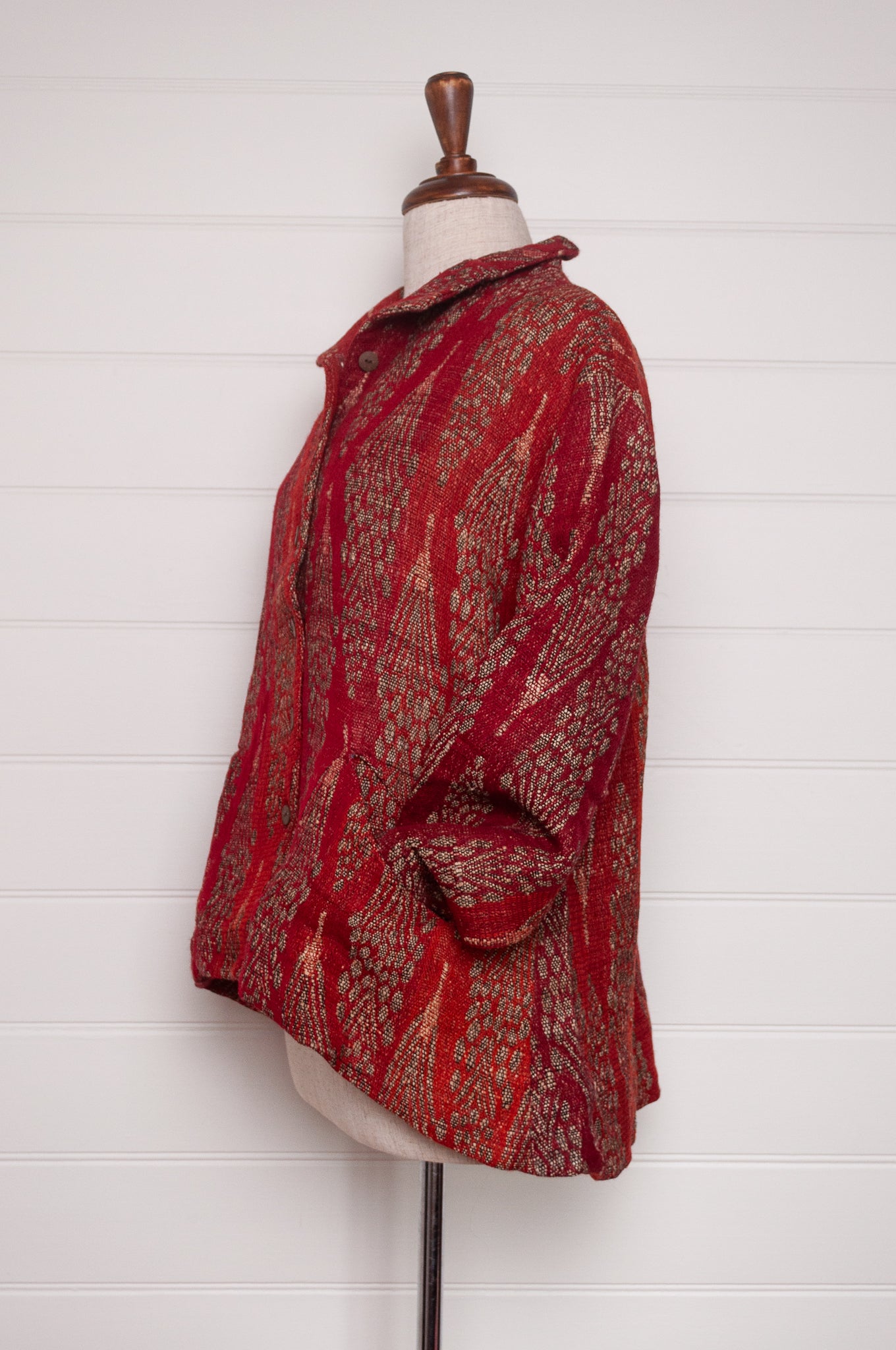 NK handwoven wool silk jacket in red and orange, cotton lined.
