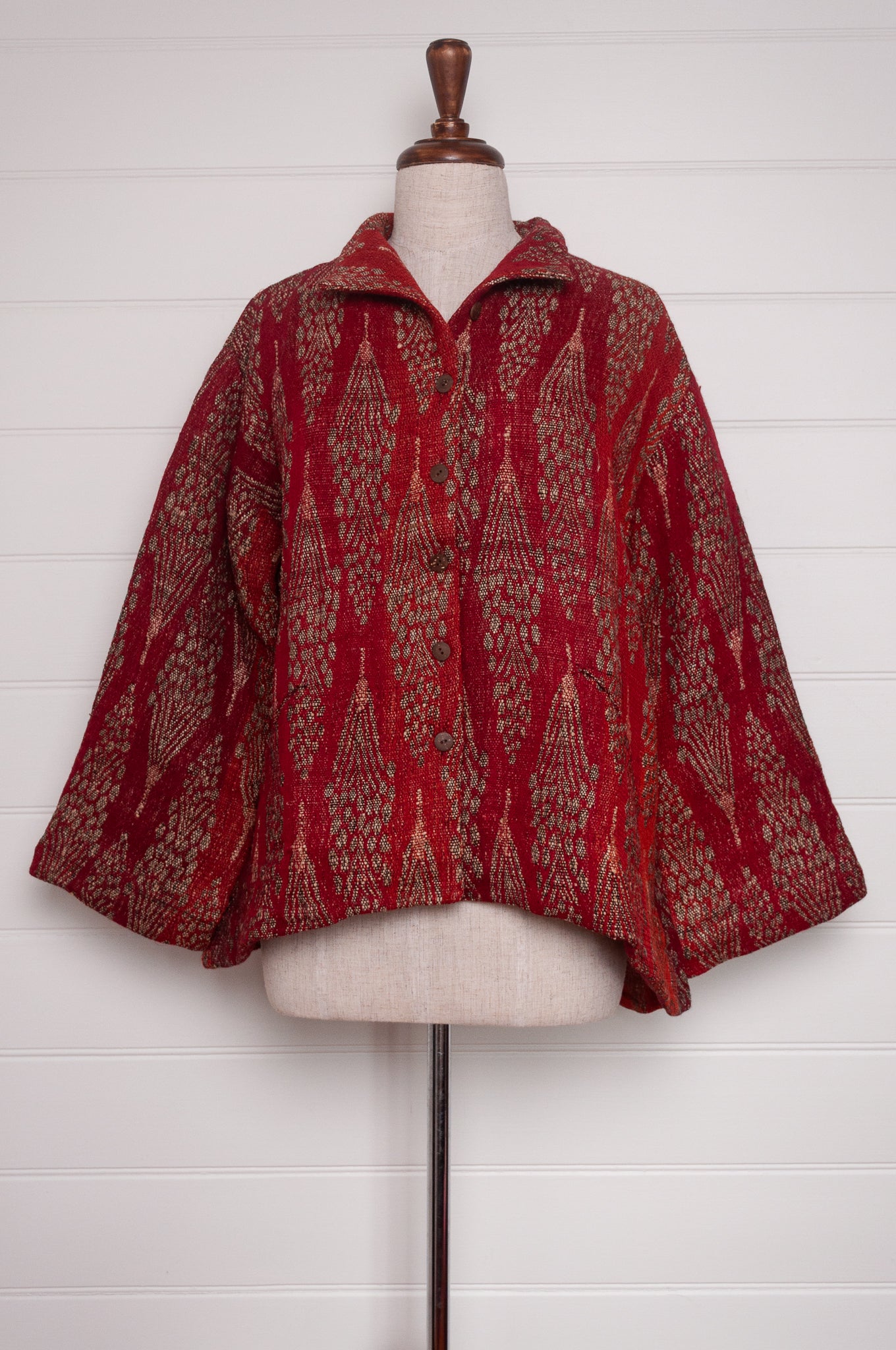 NK handwoven wool silk jacket in red and orange, cotton lined.