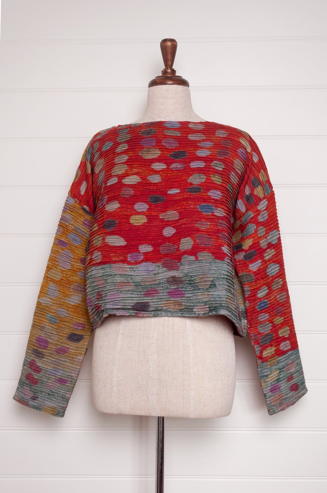 Neeru Kumar cropped pullover top digital print wool multi coloured spots.