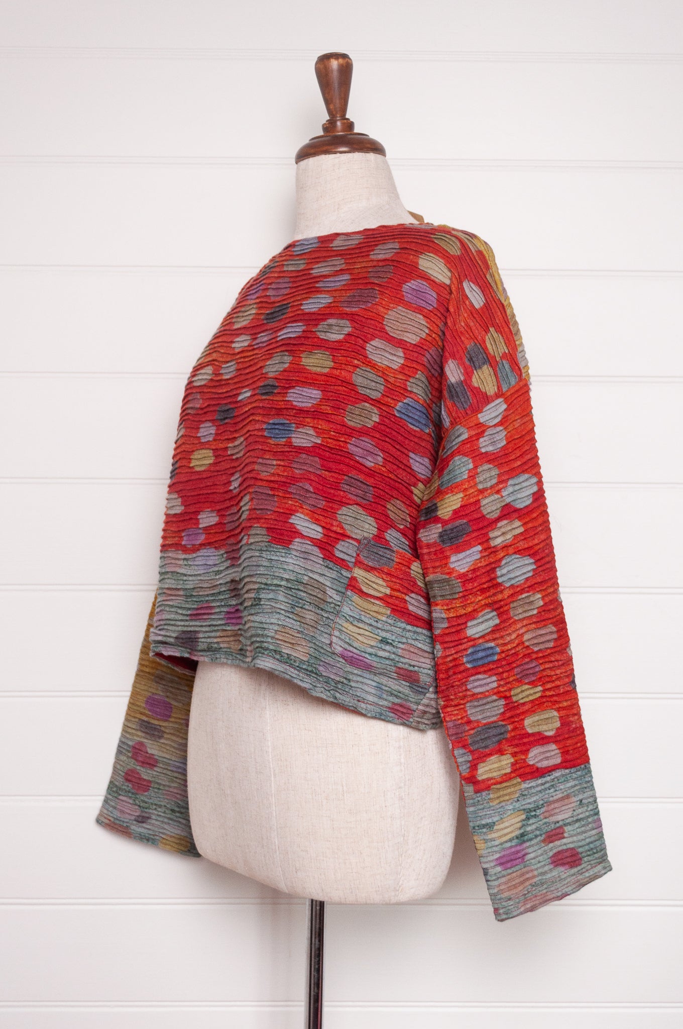 Neeru Kumar cropped pullover top digital print wool multi coloured spots.