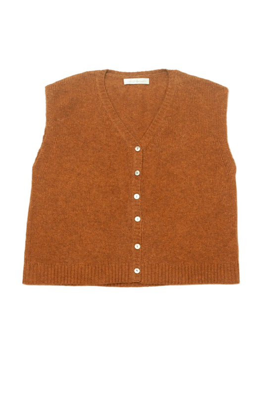 Baby yak wool light rust brown wool knitted button up V-neck vest.