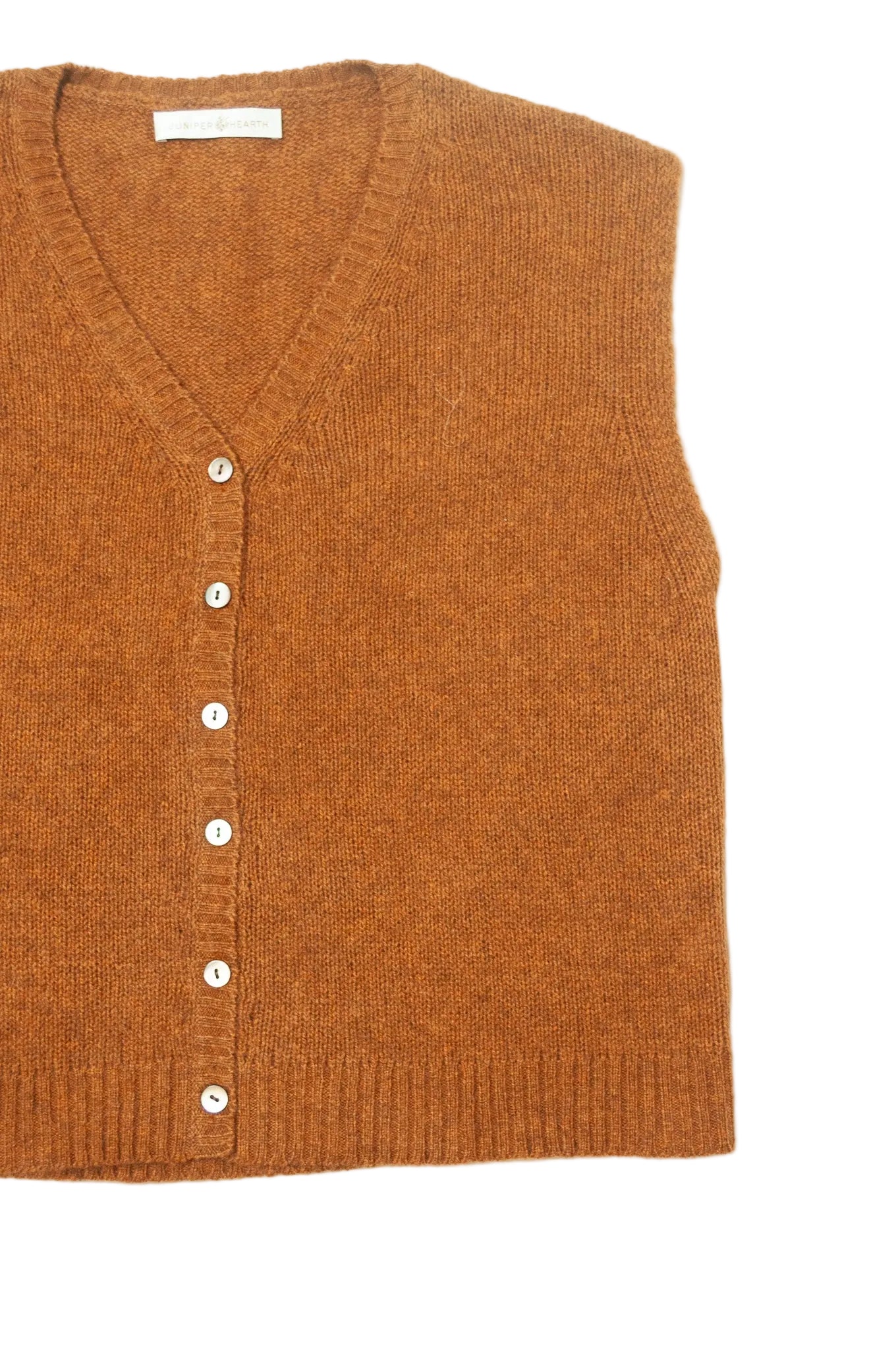 Baby yak wool light rust brown wool knitted button up V-neck vest.