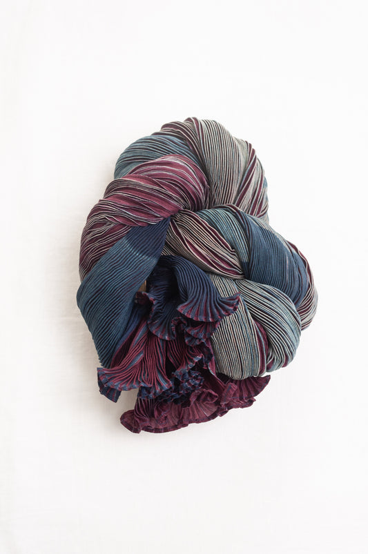 Neeru Kumar crinkle silk shibori scarf in burgundy and teal.