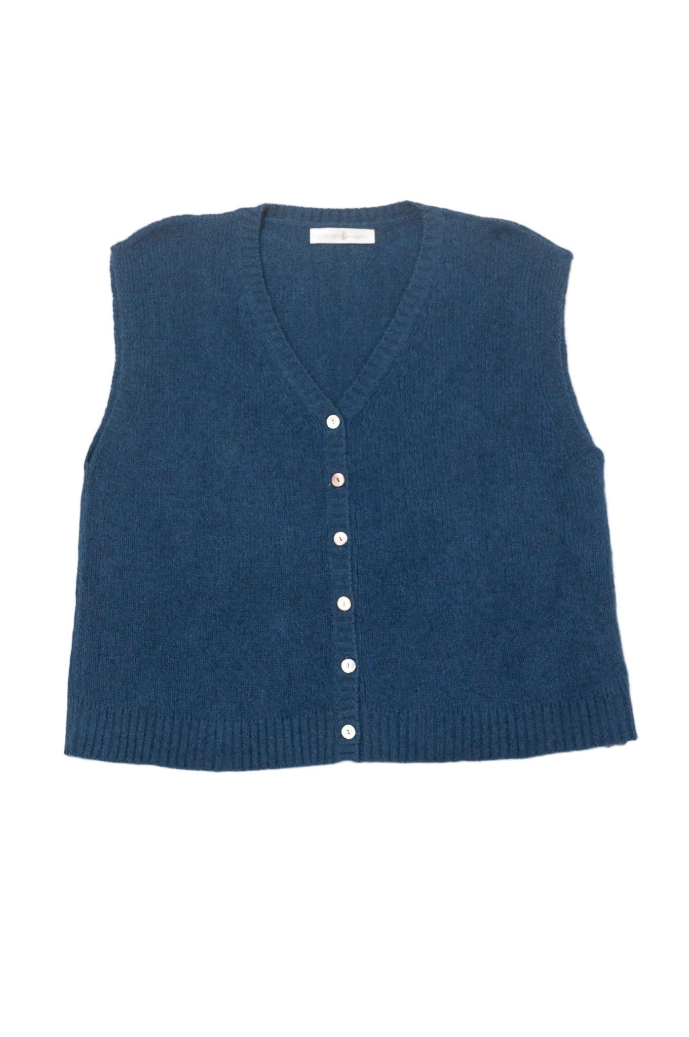 Baby yak wool light denim blue wool knitted button up V-neck vest.