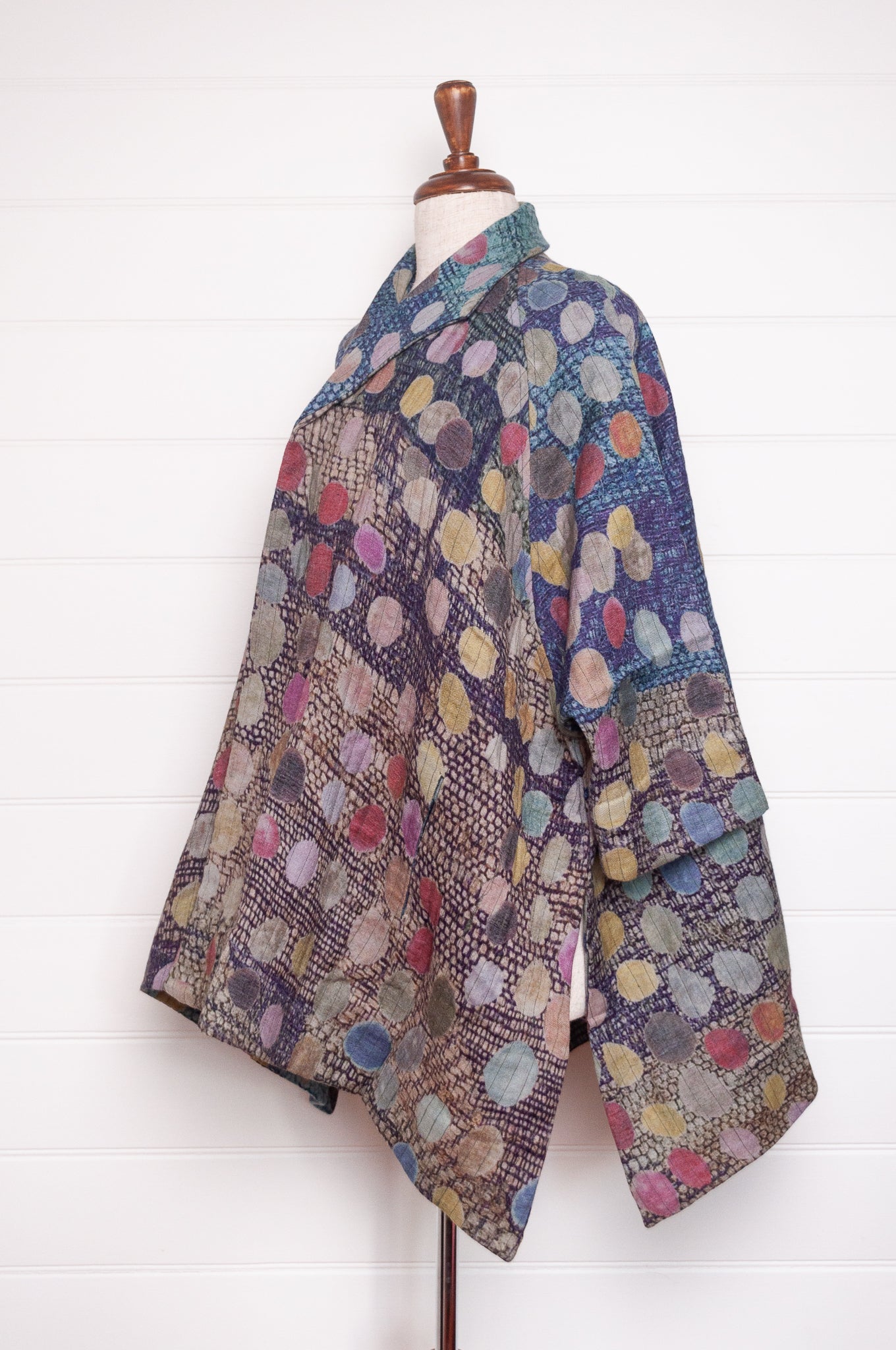NK digitally printed fine wool cotton lined long kimono style jacket with multi coloured large spots.