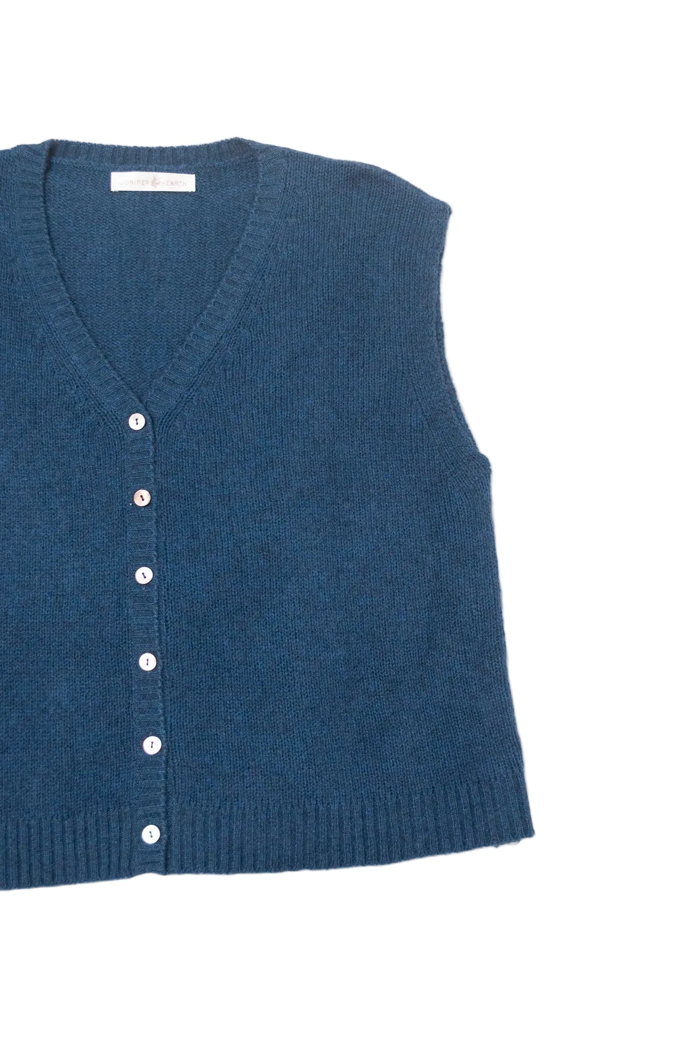 Baby yak wool denim blue wool knitted button up V-neck vest.