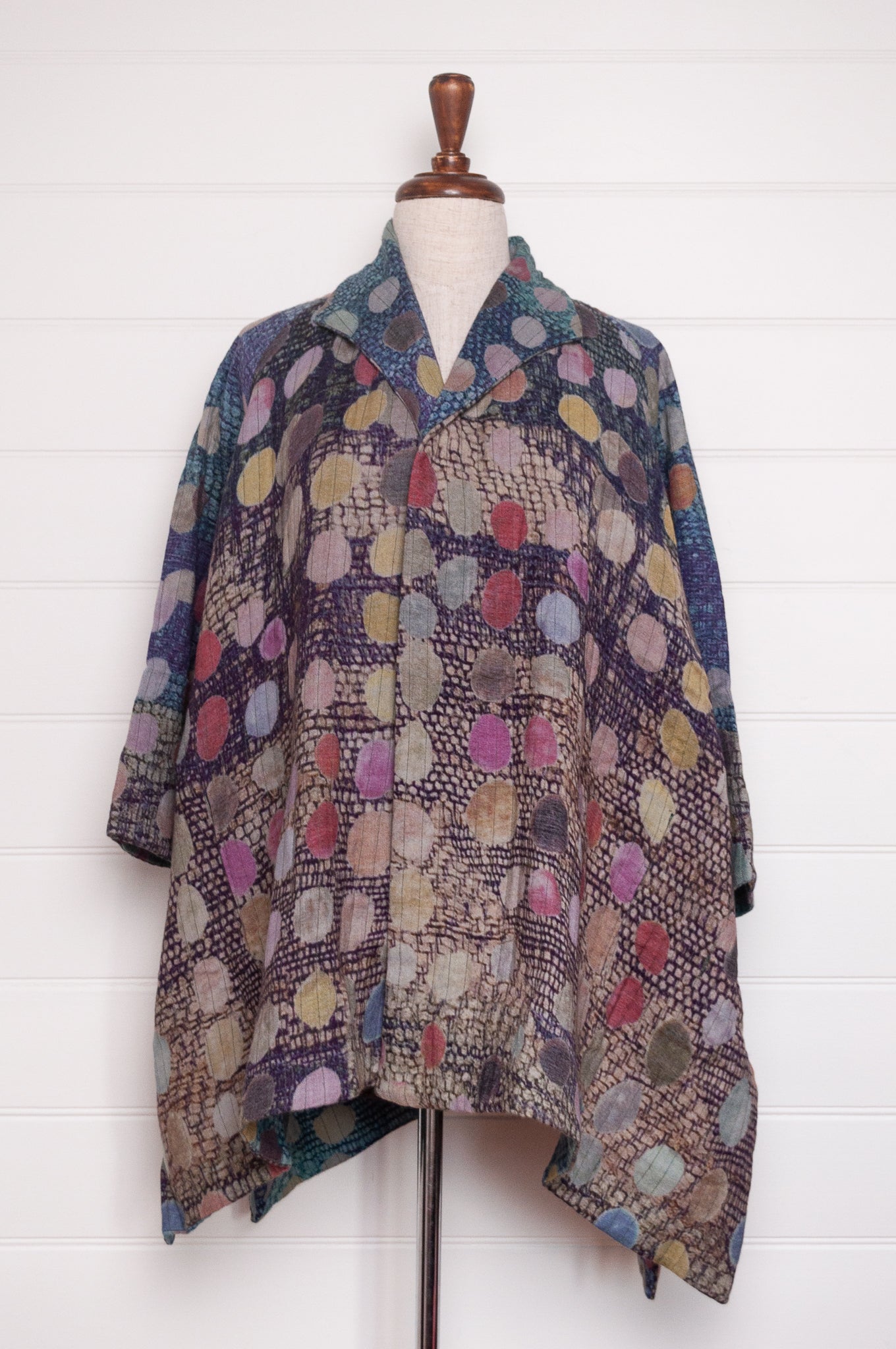 NK digitally printed fine wool cotton lined long kimono style jacket with multi coloured large spots.