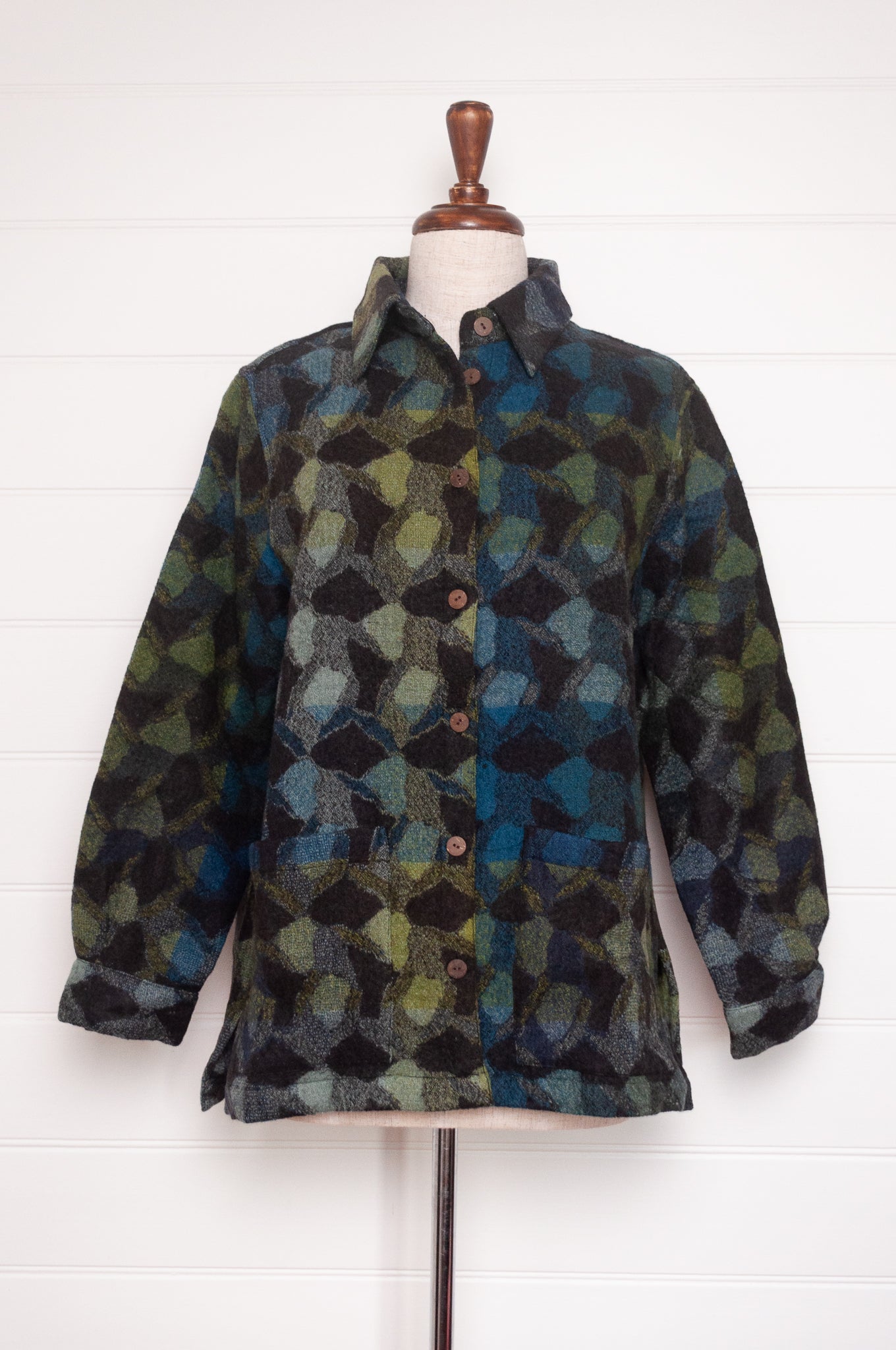 NK handwoven wool button up shirt jacket shacket in deep blue and green. 