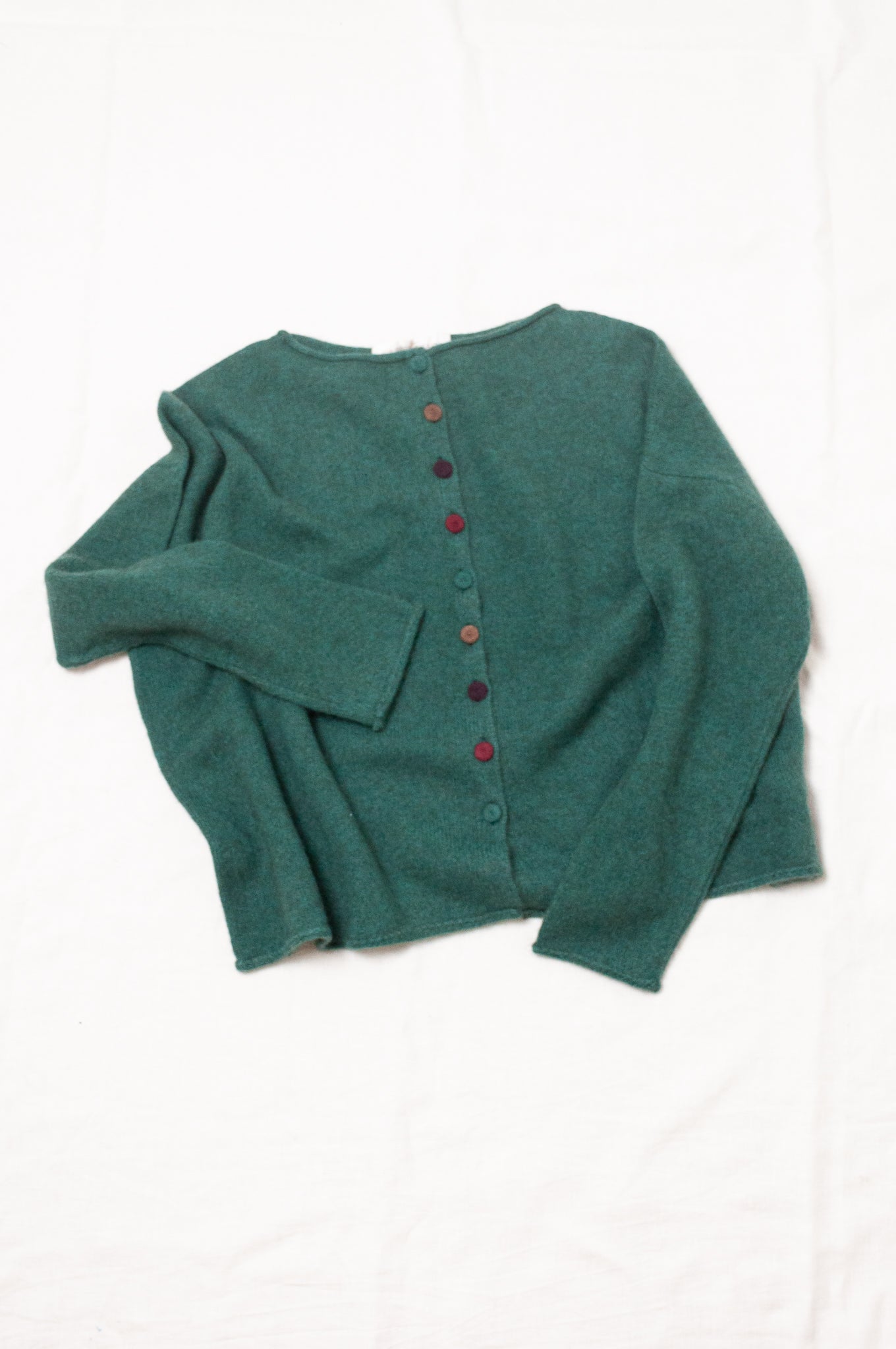 Baby yak wool one size reversible cardigan sweater in emerald green.