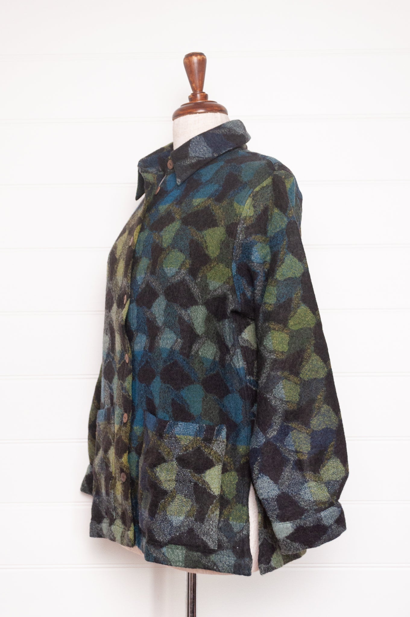 NK handwoven wool button up shirt jacket shacket in deep blue and green. 