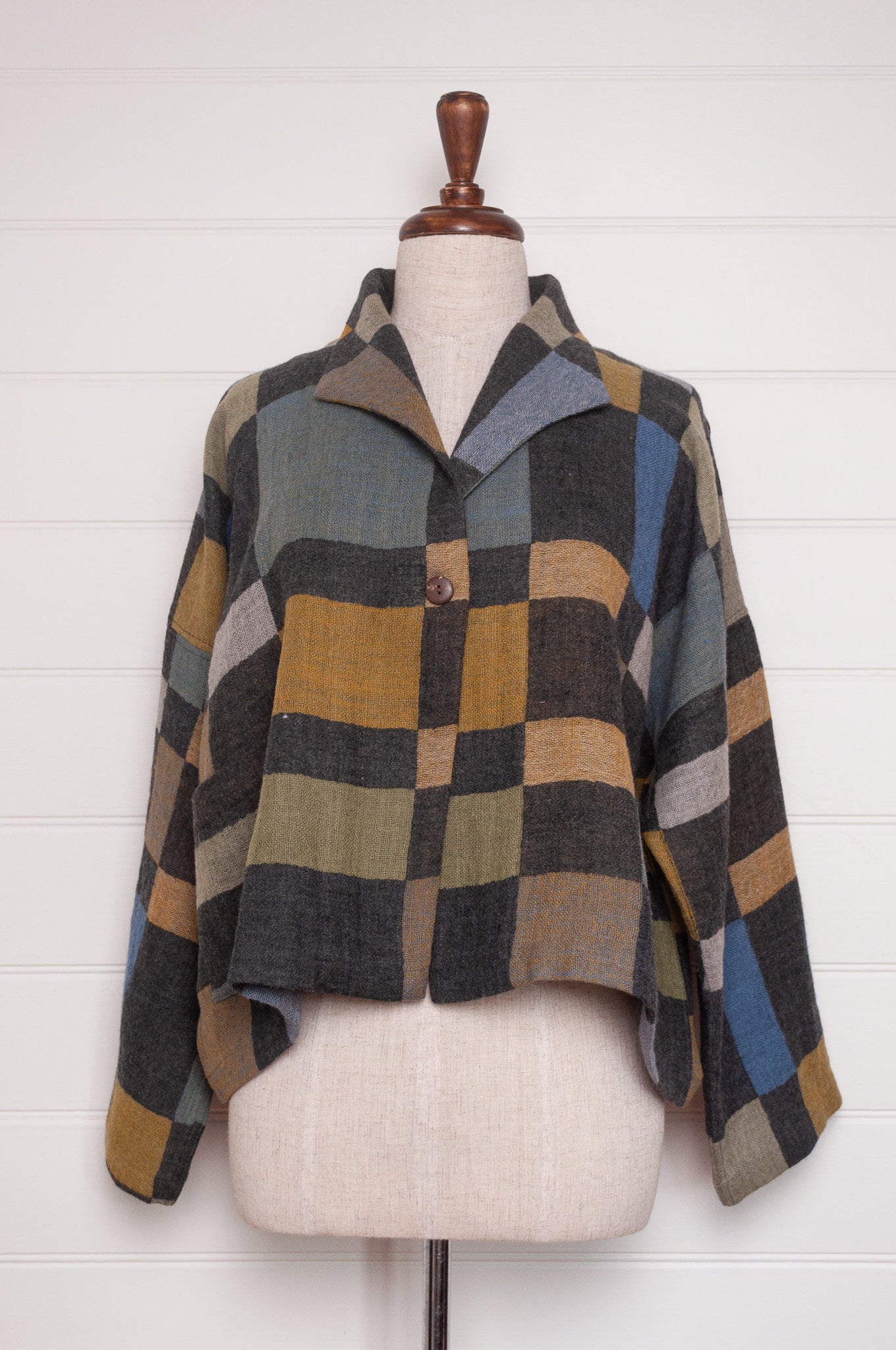 NK Coco handwoven wool jacket in charcoal and cool winter shades blanket checks. 