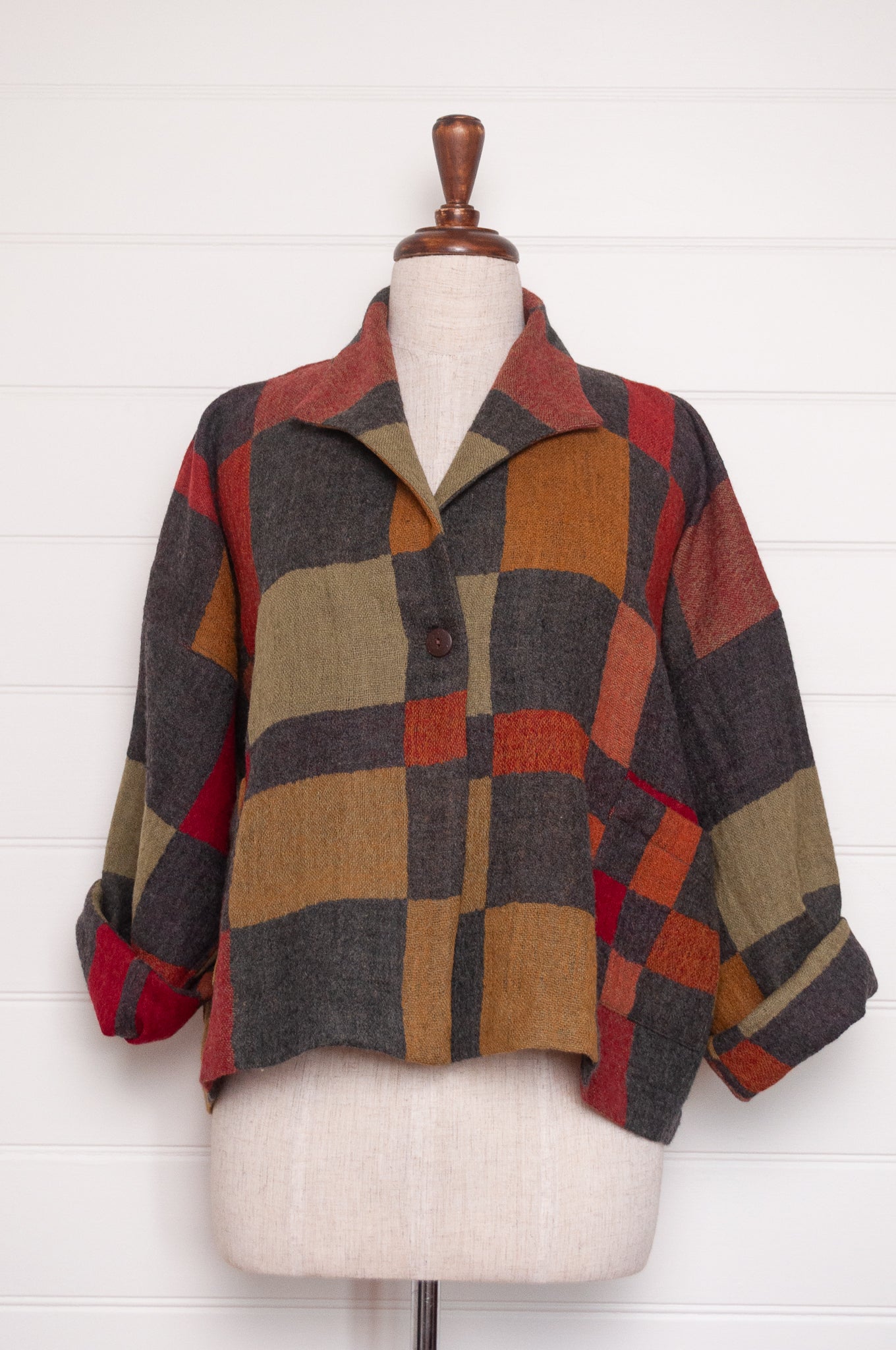 NK Coco handwoven wool jacket in charcoal and autumn shade blanket checks. 