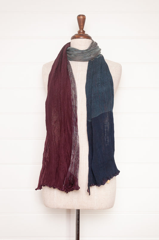 Neeru Kumar crinkle silk shibori scarf in burgundy and teal.