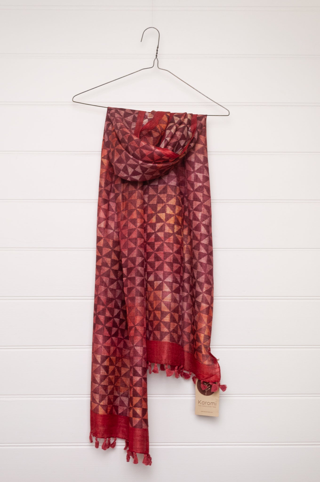 Karomi blockprint pomegranate red pinwheel pattern pure handwoven silk scarf.