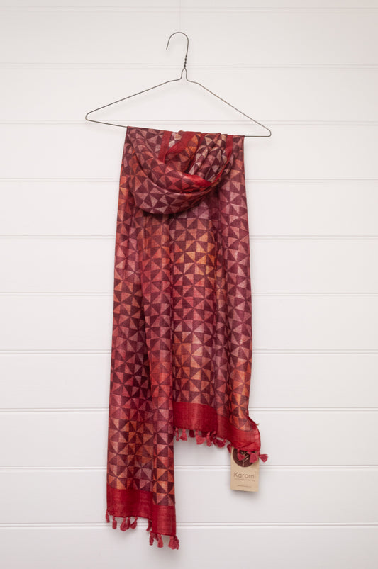 Karomi blockprint pomegranate red pinwheel pattern pure handwoven silk scarf.
