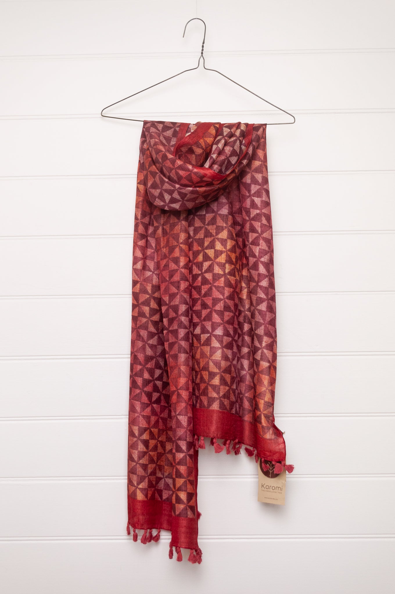 Karomi blockprint pomegranate red pinwheel pattern pure handwoven silk scarf.