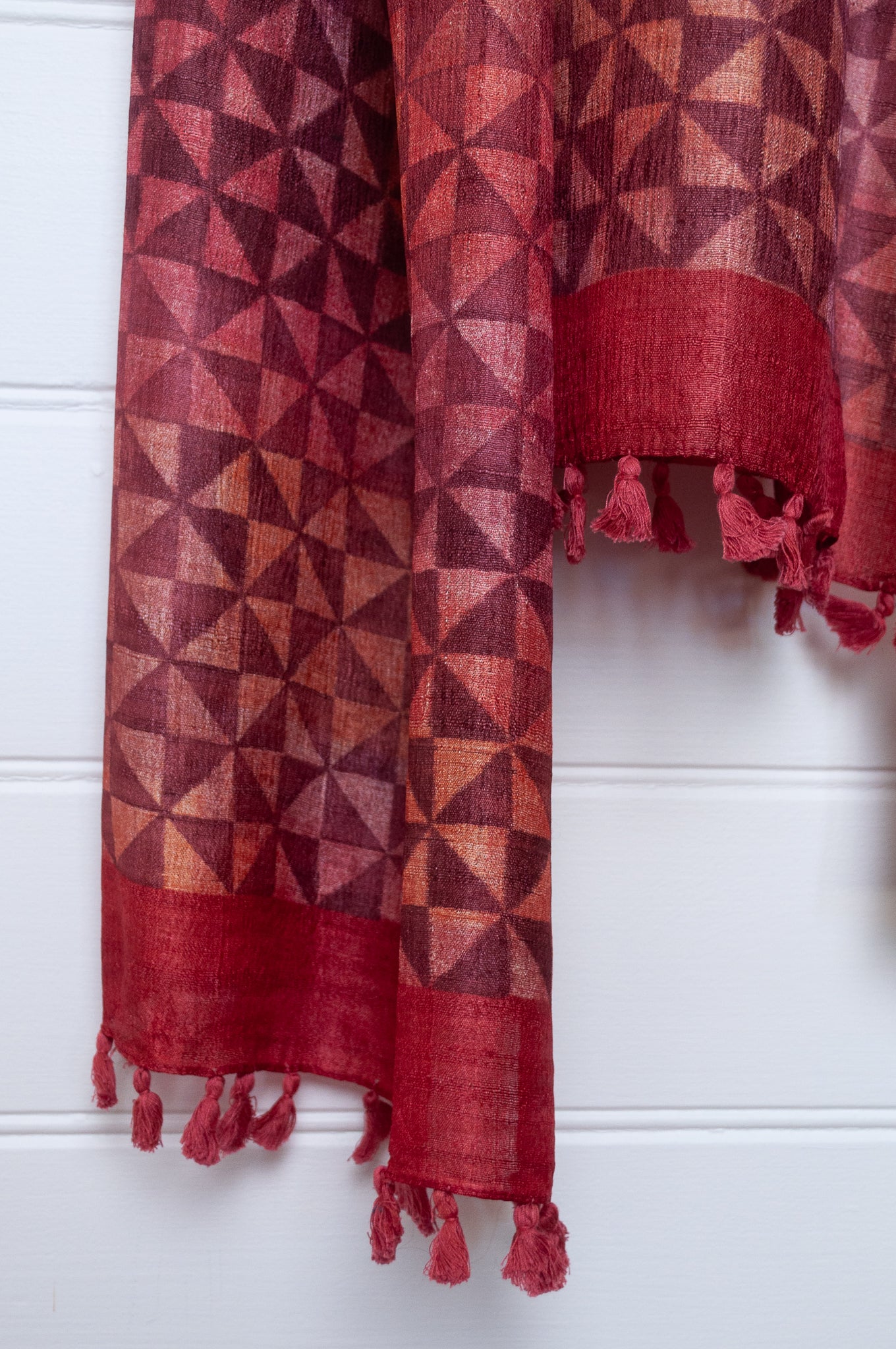 Karomi blockprint pomegranate red pinwheel pattern pure handwoven silk scarf.