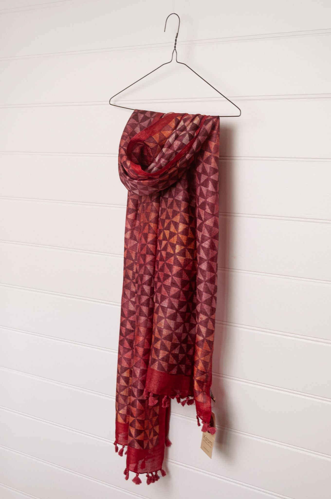 Karomi blockprint pomegranate red pinwheel pattern pure handwoven silk scarf.