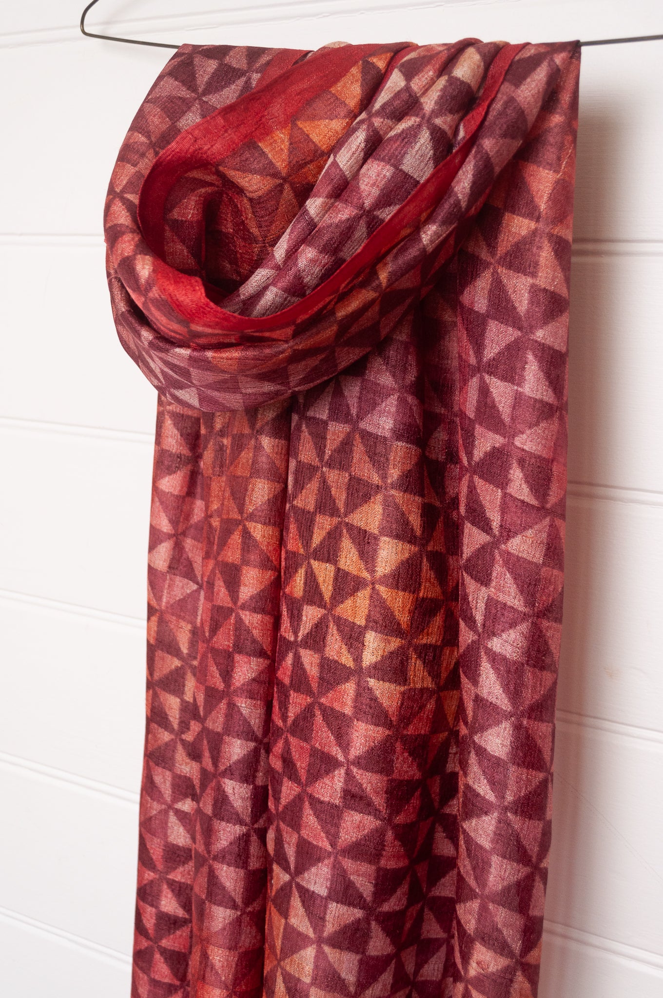 Karomi blockprint pomegranate red pinwheel pattern pure handwoven silk scarf.