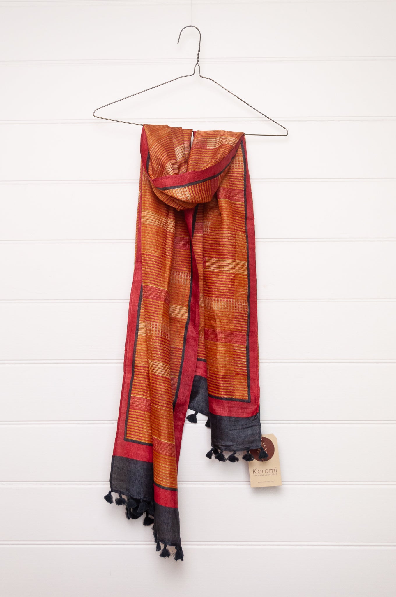 Karomi blockprint amber stripe pattern pure handwoven silk scarf.