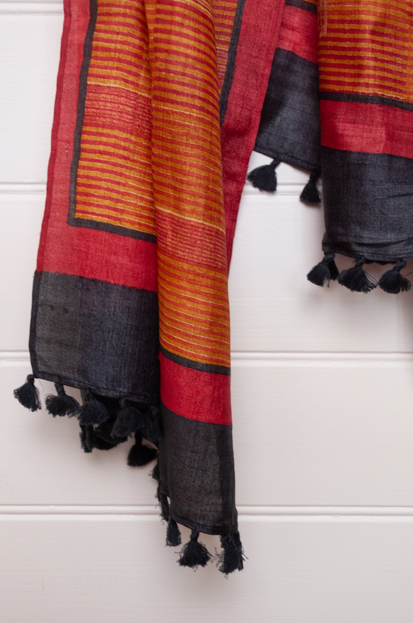 Karomi blockprint amber stripe pattern pure handwoven silk scarf.