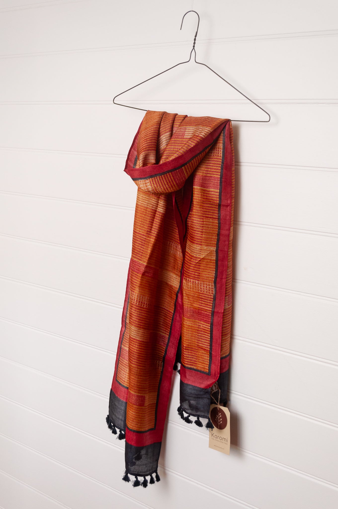 Karomi blockprint amber stripe pattern pure handwoven silk scarf.
