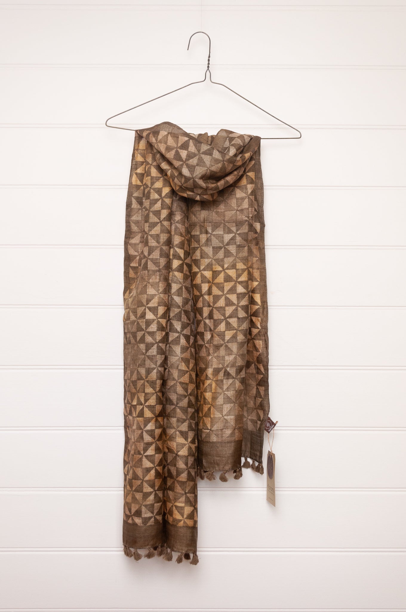 Karomi blockprint olive green pinwheel pattern pure handwoven silk scarf.