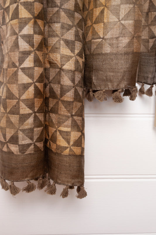 Karomi blockprint olive green pinwheel pattern pure handwoven silk scarf.